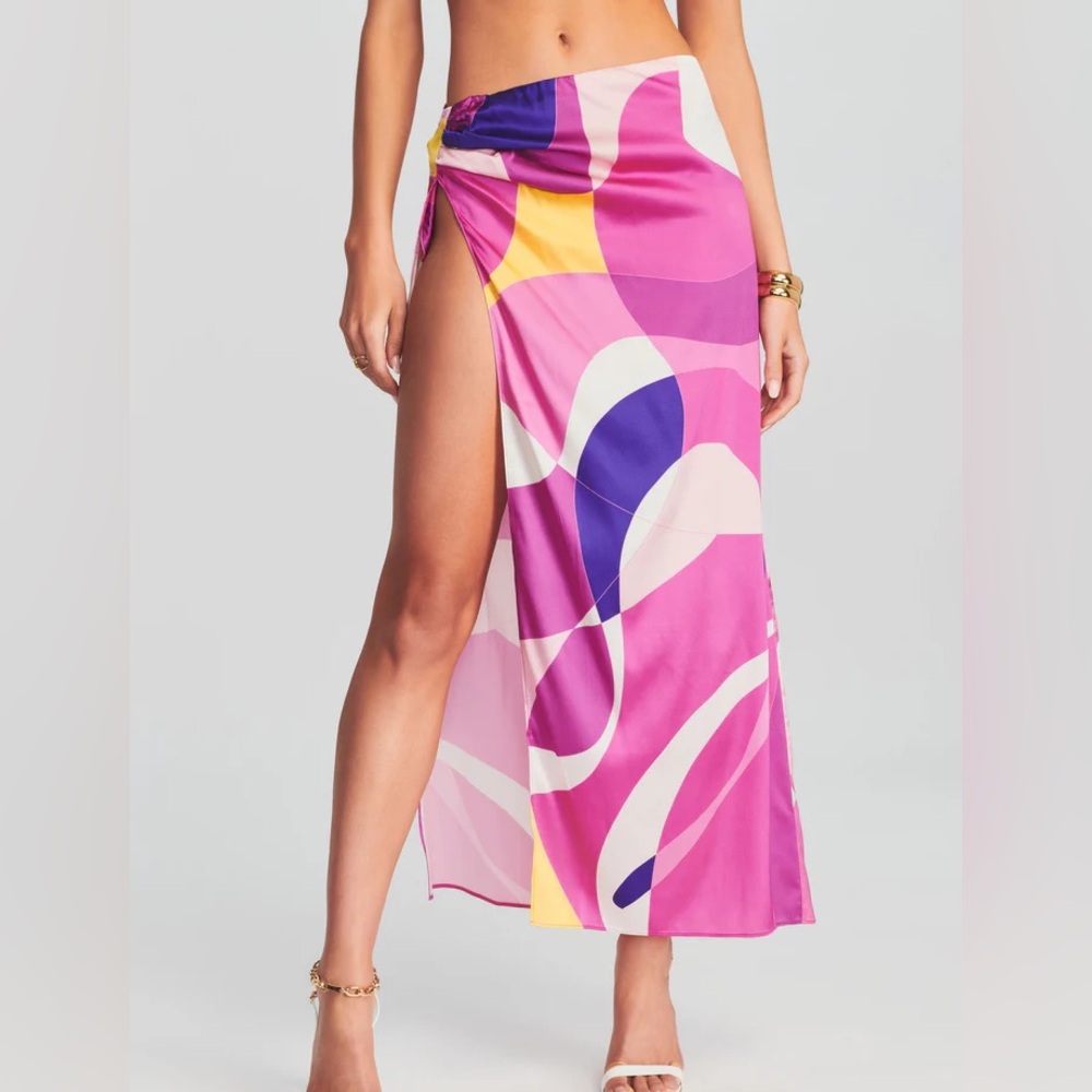 Retrofete Gav Silk Midi Slit Skirt Pink Geo XS